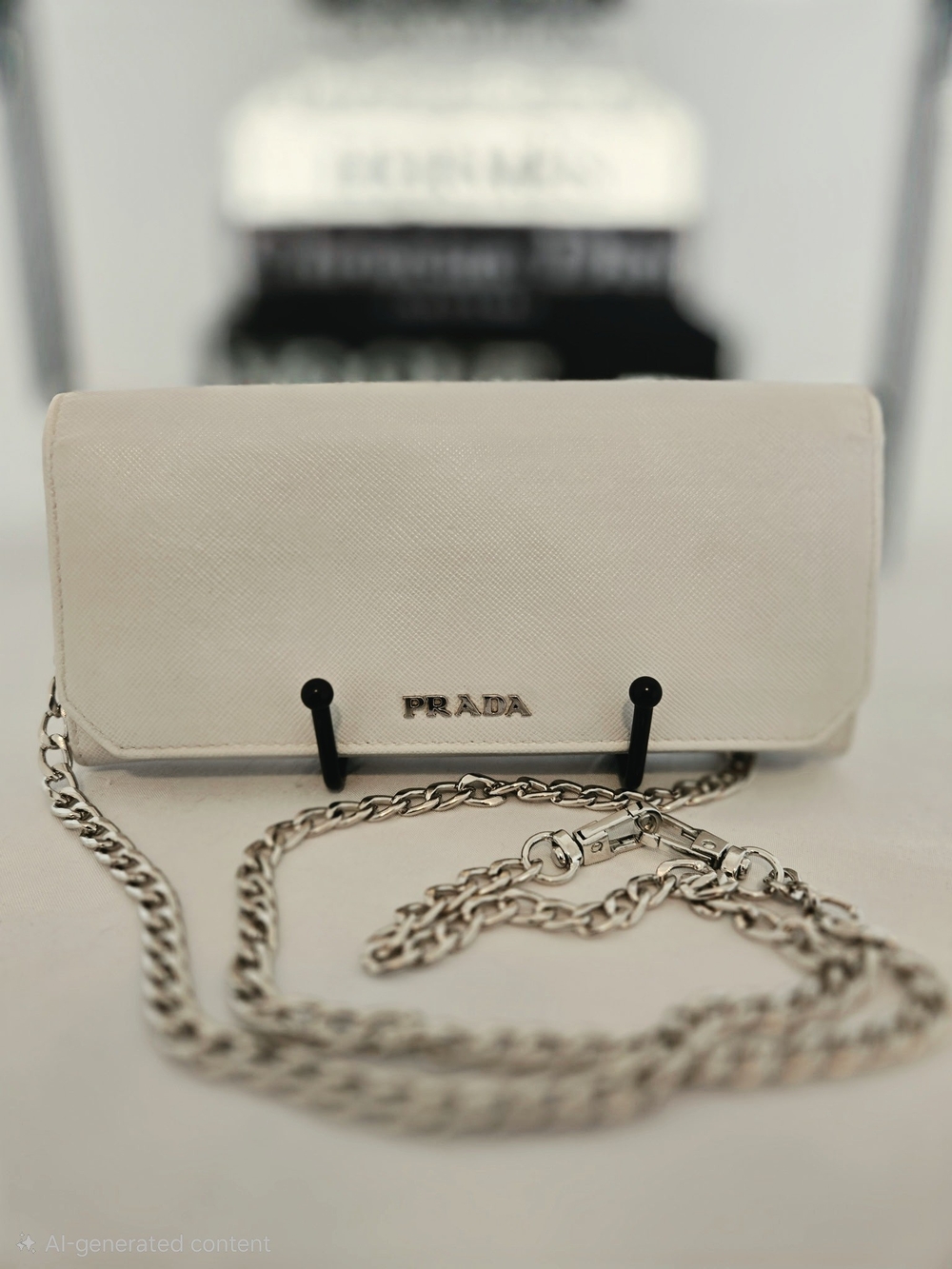 PRADA White Saffiano Leather w/Silver Hrdwr unbranded Chain Wallet
